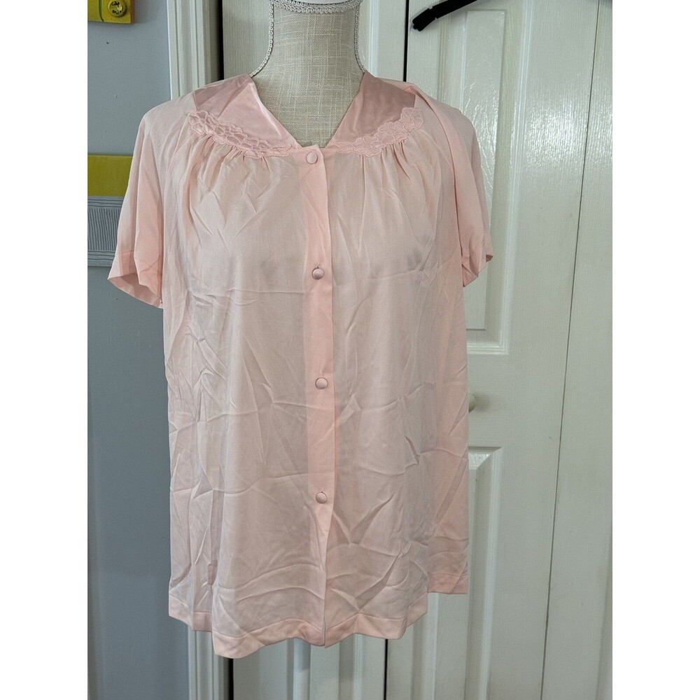 Vintage Vanity Fair Pink Short Sleeve Bed Jacket Pj Top Floral accent Sz Medium